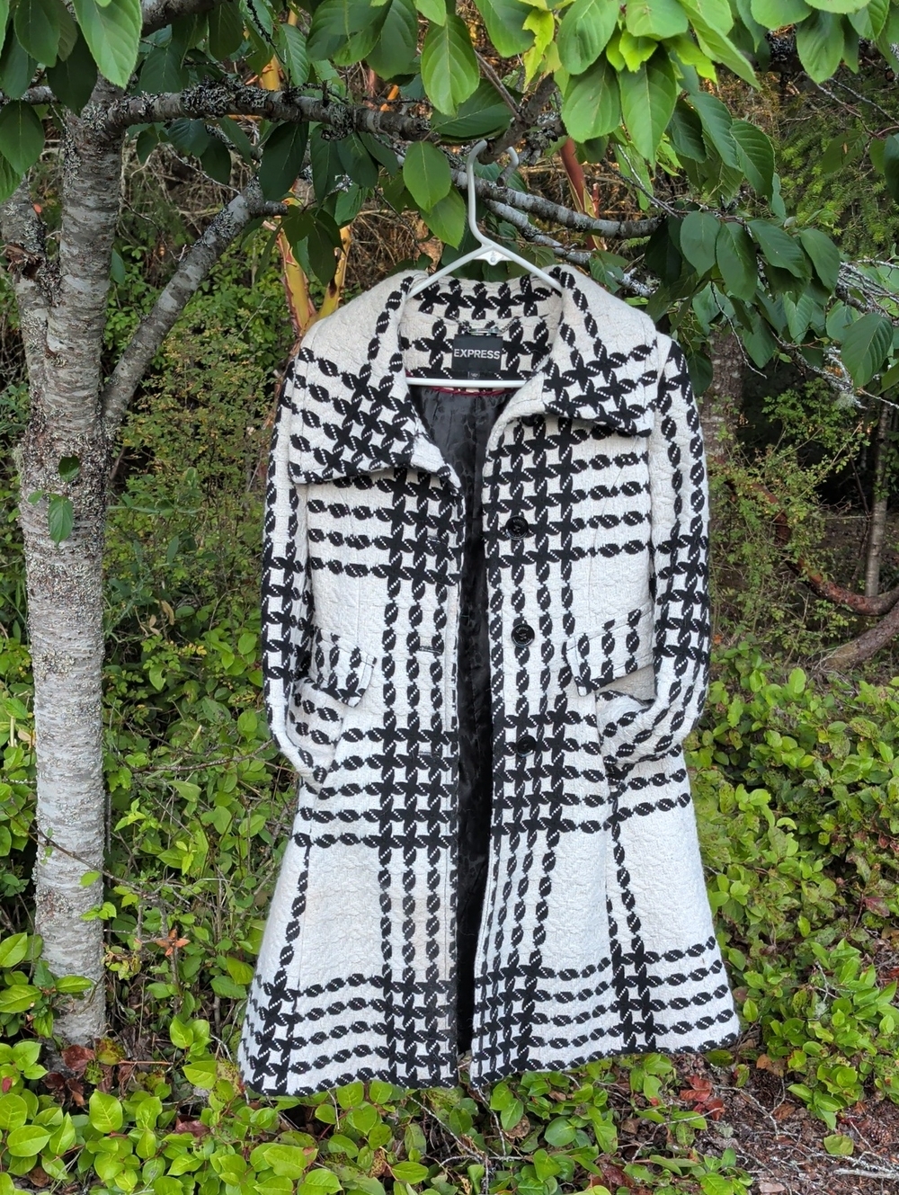 Express Black & White Plaid Textured Trench Coat